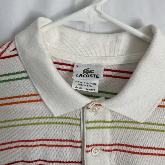 Mens Large Lacoste Short Sleeves White With Multiple Colors Striped Shirt - Picture 2 of 7